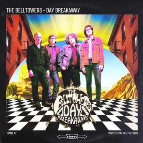 "Album cover featuring four men standing on a checkered floor with a surreal background."