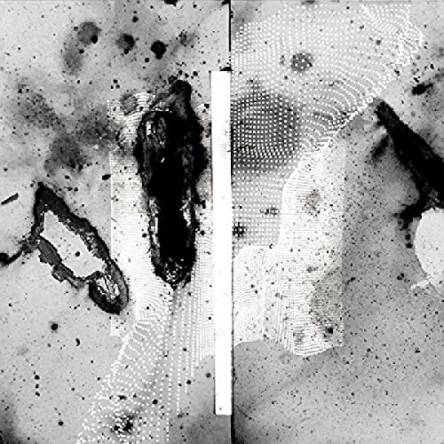 The alt text for the image is: "Black and white abstract vinyl record cover with splattered design."