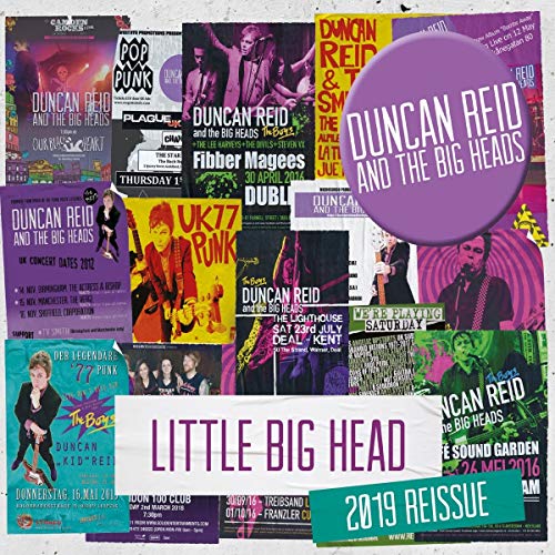 "Duncan Reid and the Big Heads CD cover with collage of concert posters and purple accents."