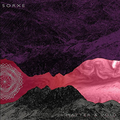 "Vinyl album cover with abstract mountain landscape, pink and purple hues, and geometric design."