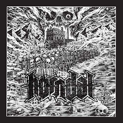 "Black and white album cover art with skeletons and a castle, surrounded by skulls."