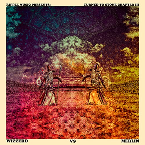 Album cover: two wizards facing each other amidst colorful, textured backgrounds.