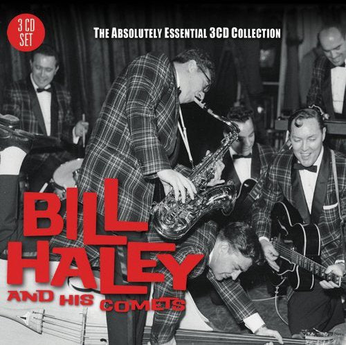 Black and white image of Bill Haley and his Comets performing on stage.