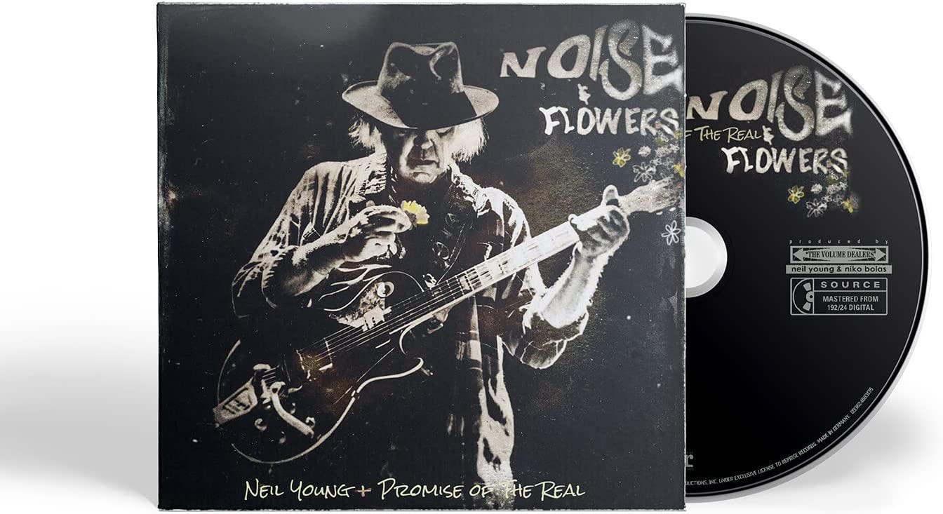 Album cover featuring Neil Young playing guitar, with "Noise & Flowers" written.