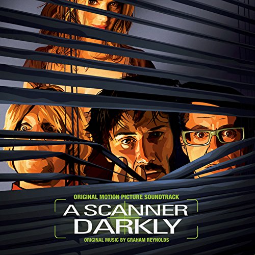 A Scanner Darkly" soundtrack vinyl cover with illustrated faces behind blinds.