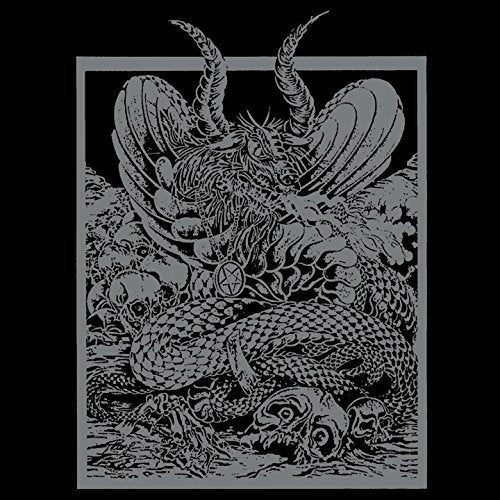 A black-and-white illustration of a horned creature surrounded by skulls and a snake.