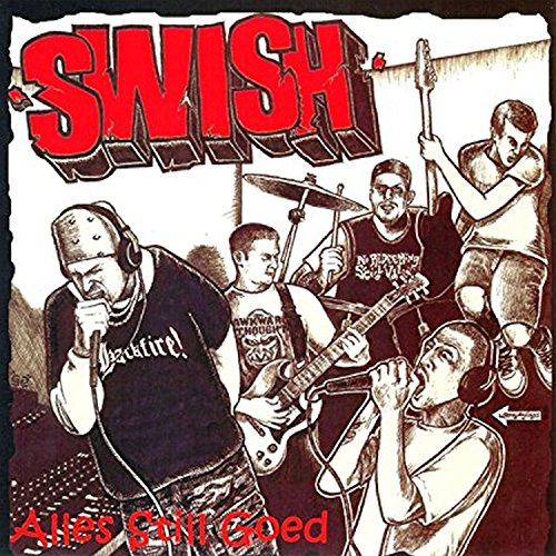 "Album cover art featuring a black and white illustration of a band performing."
