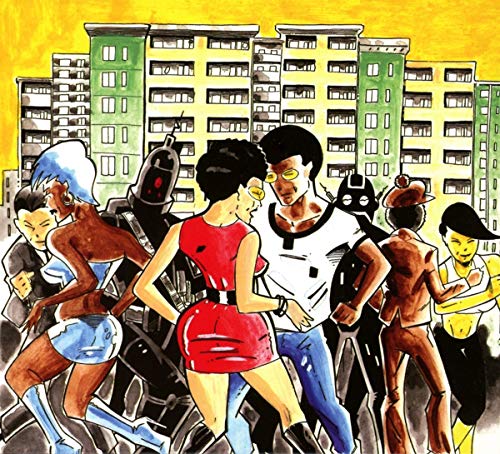 Painted CD cover depicting a group of people and robots before buildings.