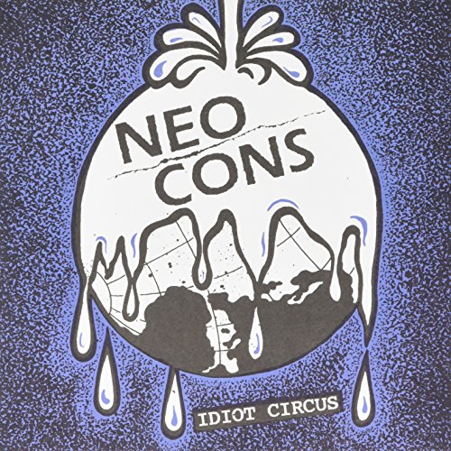 Neo Cons" album cover with dripping text and a blue, textured background.