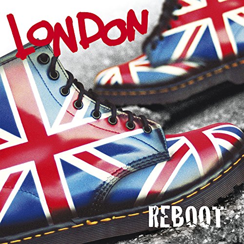 "Pair of black boots with Union Jack design, 'LONDON' and 'REBOOT' text."