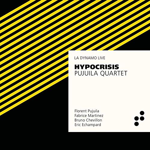 "Album cover with black background, yellow diagonal stripes, and white text box."