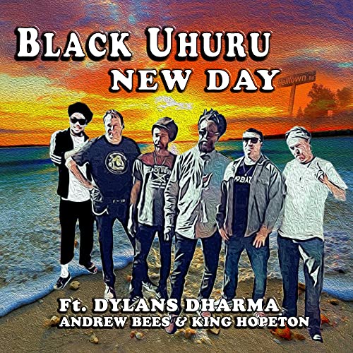 Black Uhuru band members standing on a beach with sunset backdrop.