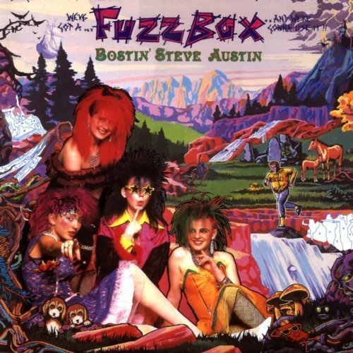 "Colourful album cover art featuring band members in a fantastical landscape."