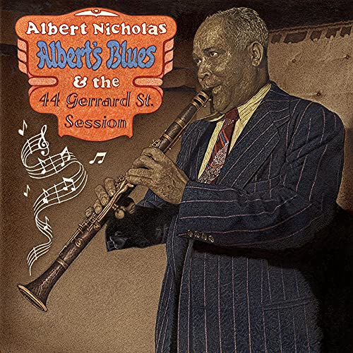 Albert Nicholas playing clarinet on CD cover, vintage style illustration.