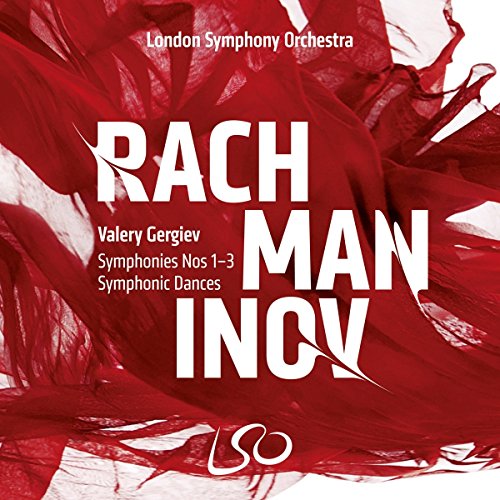 "CD cover with red abstract background and white text featuring 'Rachmaninov' prominently."