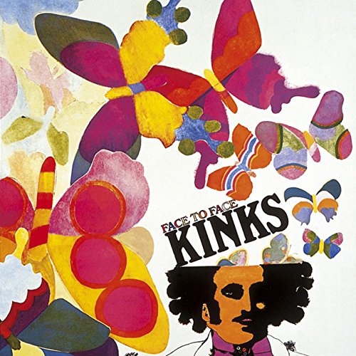 "Album cover with colorful butterflies and a man's silhouette, titled 'Face to Face' by The Kinks."