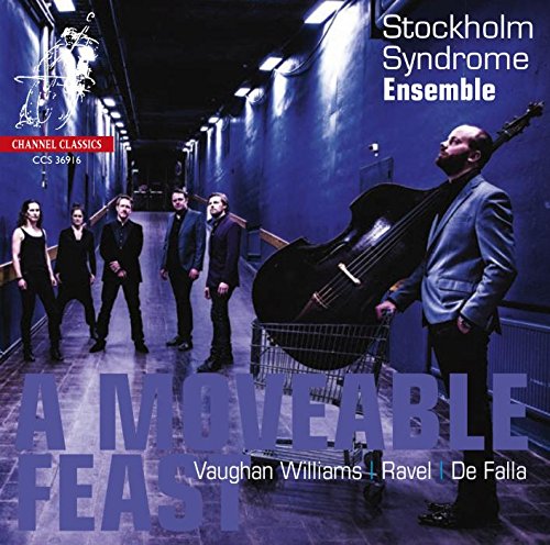 "CD cover featuring five musicians in a dimly lit blue hallway with a cello."