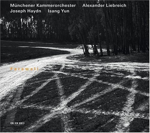 A black and white forest path with the word "Farewell" in orange text on a CD cover.
