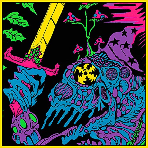 Psychedelic album cover with skull, mushrooms, and vibrant neon colors.