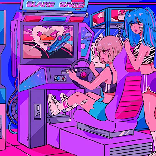 Anime-style illustration of two women with a racing arcade game.
