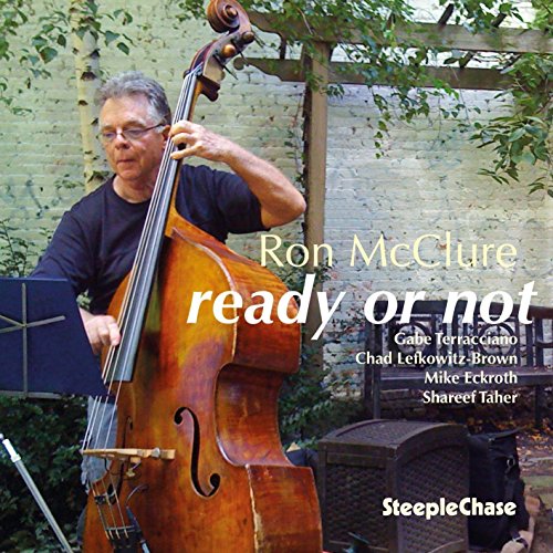 "Album cover with a man holding a double bass in a garden setting."