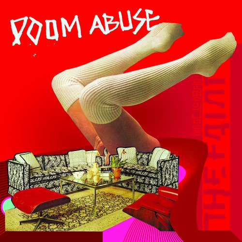 Album cover: red background with legs and living room scene below.