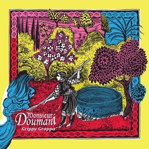 "Album cover art featuring a man in a garden, surrounded by vibrant foliage and a well."