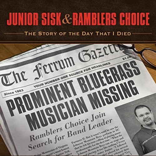"Album cover with 'The Ferrum Gazette' newspaper headline about a missing bluegrass musician."
