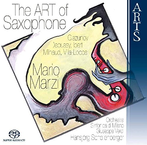 Album cover with abstract saxophone illustration and text "The ART of Saxophone Mario Marzi".