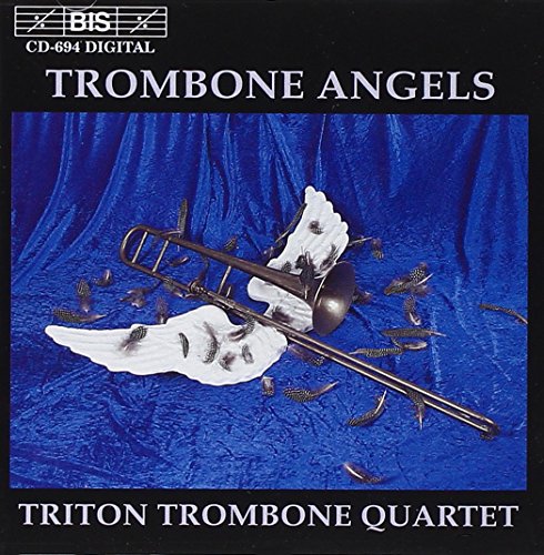 "Triton Trombone Quartet CD cover featuring a trombone and angel wings on blue fabric."