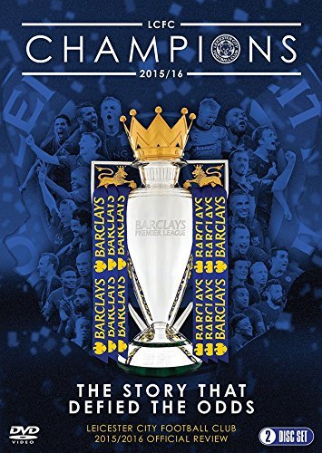 "Image of Premier League trophy with 'LCFC CHAMPIONS 2015/16' text on a blue background."