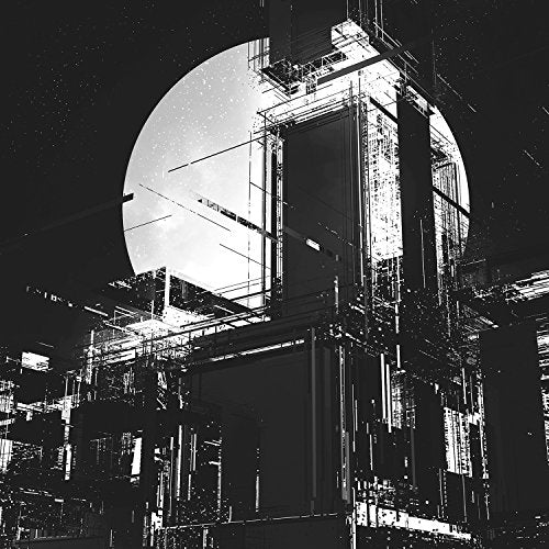 A black-and-white futuristic cityscape with a large moon in the background.
