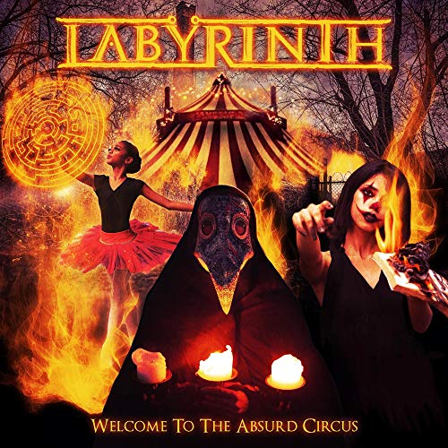 CD cover: circus tent, plague doctor, ballerina, and fiery labyrinth imagery.