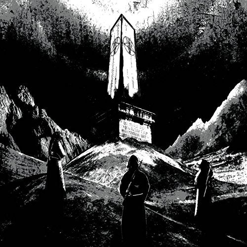 Black and white illustration of a monolith and cloaked figures.