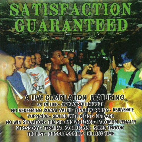 CD cover for "Satisfaction Guaranteed" hardcore compilation, crowd scene.