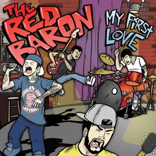 CD cover for The Red Baronās āMy First Loveā featuring cartoon band members.