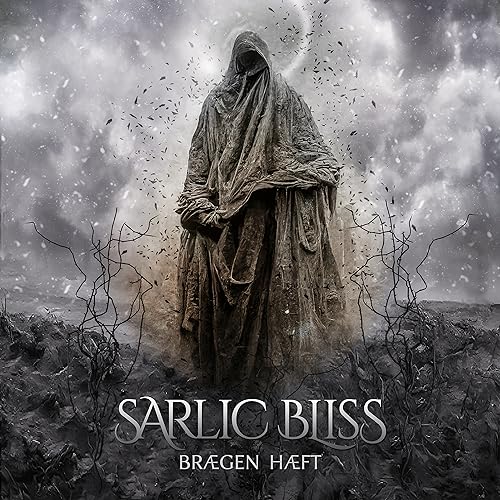 Hooded figure in a desolate landscape, album cover for Sarlic Bliss.