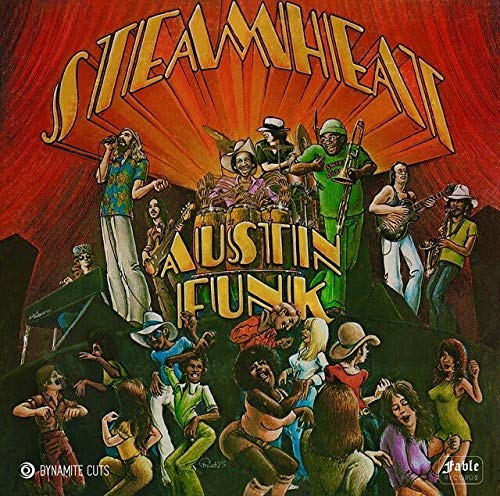 The image shows a vinyl record cover with a band performing on stage. alt text: Vinyl record cover with cartoon band performing on stage, surrounded by dancing crowd.