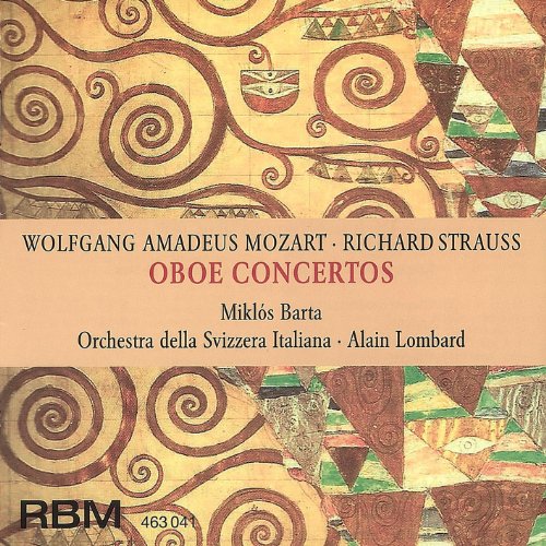 A CD cover with abstract geometric patterns and text describing Mozart and Strauss oboe concertos.