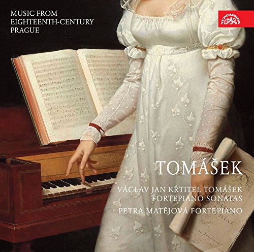 "Album cover featuring a woman in 18th-century dress playing a piano, with sheet music."