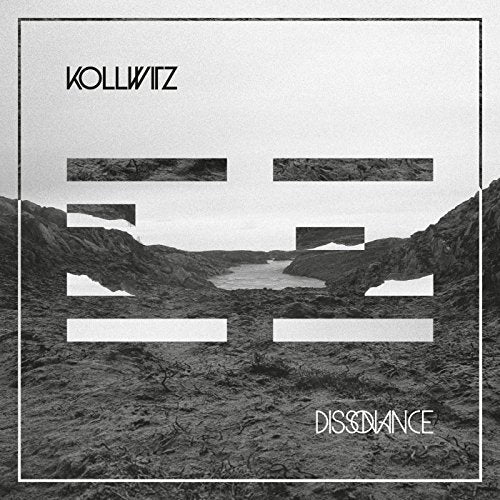 Black and white vinyl album cover with abstract landscape and distorted text overlay.