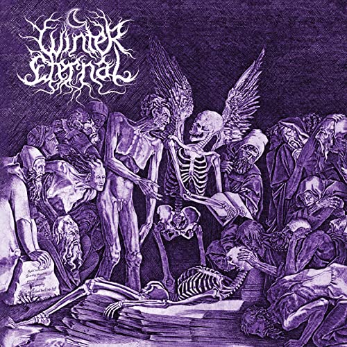 Dark illustration of skeletal and cloaked figures in a crowded scene.