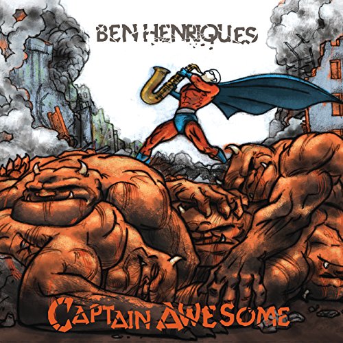 CD cover: Superhero with saxophone battling monsters in a cartoon cityscape.
