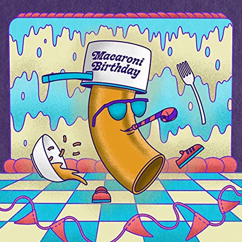 Cartoon macaroni noodle wearing sunglasses and a party hat with utensils.