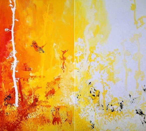 "Album cover with abstract red, orange, and white design, featuring 'Lisa Papineau Red Trees' text."
