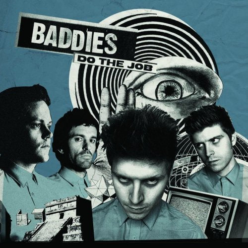Blue-toned album cover with four men's portraits and abstract graphics.
