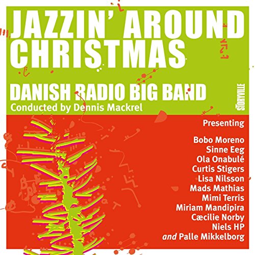 "CD cover with green and red background, featuring 'Jazzin' Around Christmas' in white text."