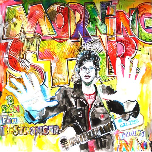 "Album cover with a sketched man holding a guitar against a colorful background."