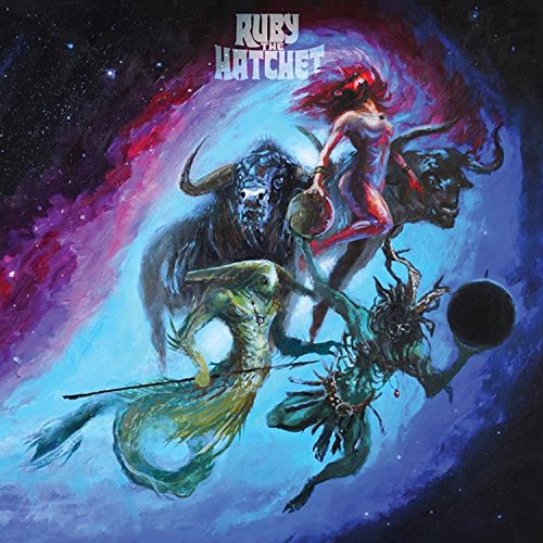 Painted album cover featuring a woman, bulls, and mythical creatures in space.