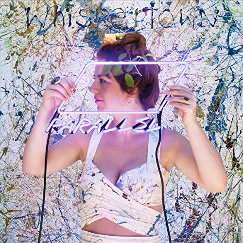 Album cover with a woman holding a neon rectangle, abstract background, text overlay.